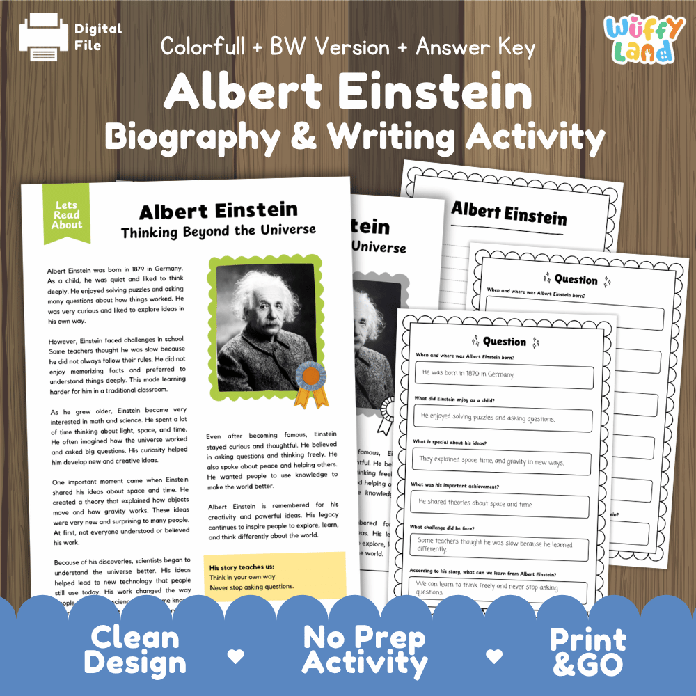 Albert Einstein Biography Reading Passage and Writing Activity Worksheets