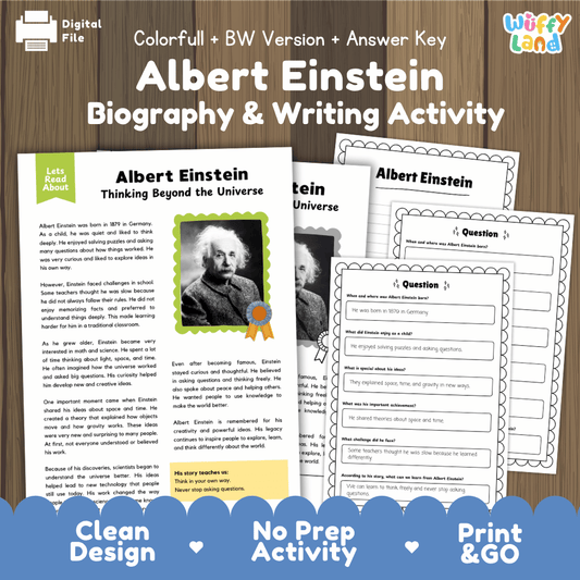 Albert Einstein Biography Reading Passage and Writing Activity Worksheets