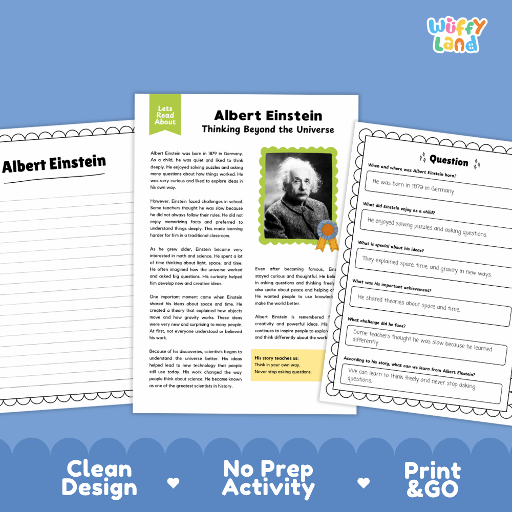 Albert Einstein Biography Reading Passage and Writing Activity Worksheets