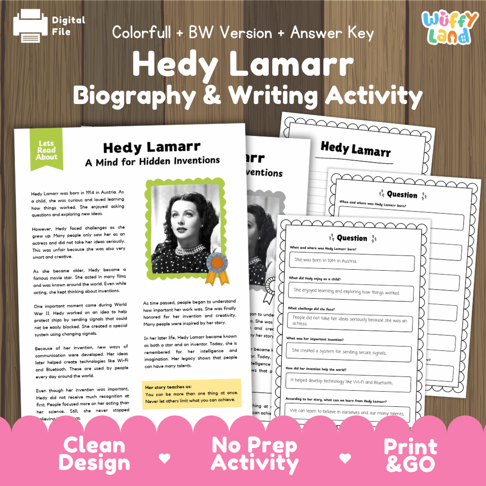 Hedy Lamarr Biography Reading Passage and Writing Activity Worksheets