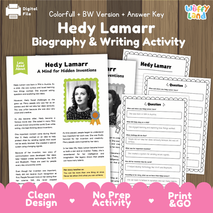 Hedy Lamarr Biography Reading Passage and Writing Activity Worksheets