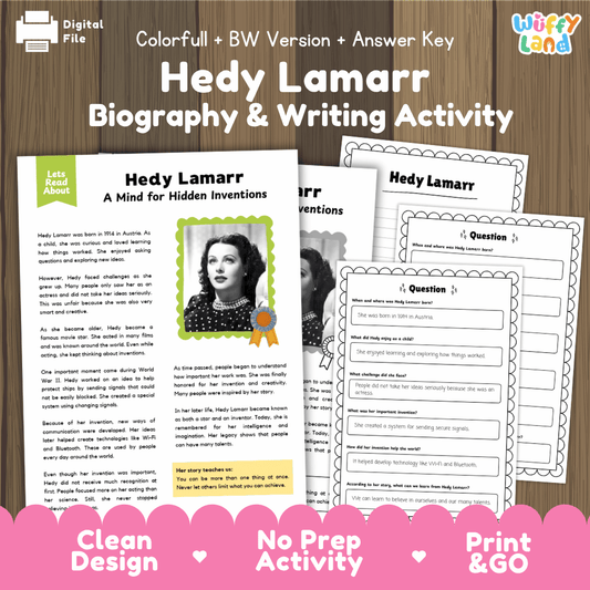 Hedy Lamarr Biography Reading Passage and Writing Activity Worksheets