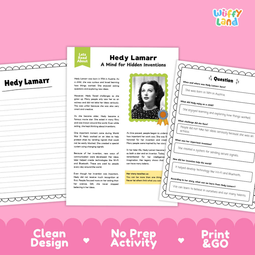 Hedy Lamarr Biography Reading Passage and Writing Activity Worksheets