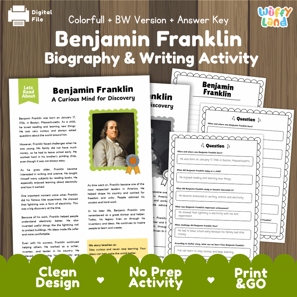 Benjamin Franklin Biography Reading Passage and Writing Activity Worksheets