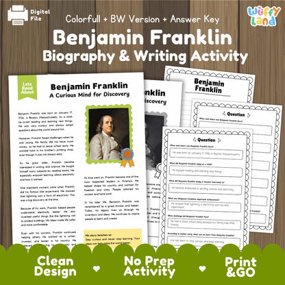 Benjamin Franklin Biography Reading Passage and Writing Activity Worksheets