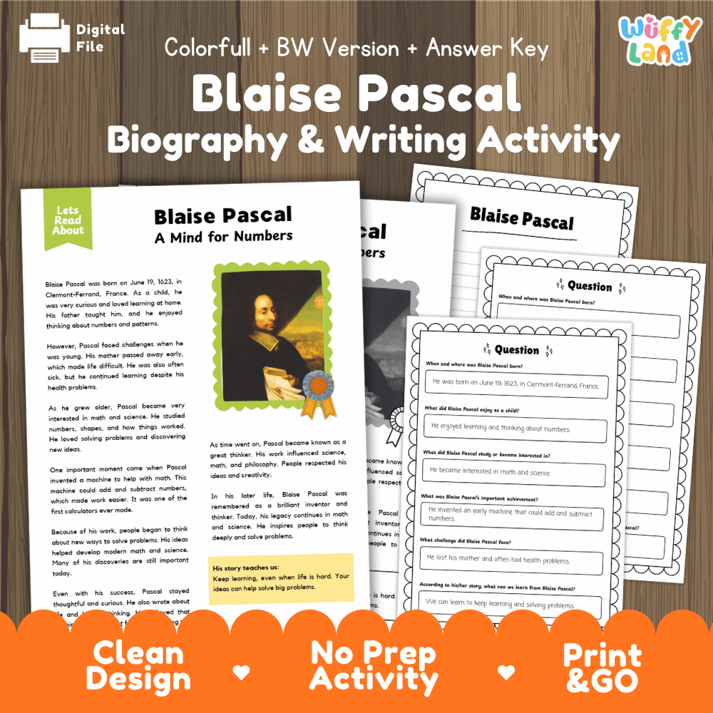 Blaise Pascal Biography Reading Passage and Writing Activity Worksheets