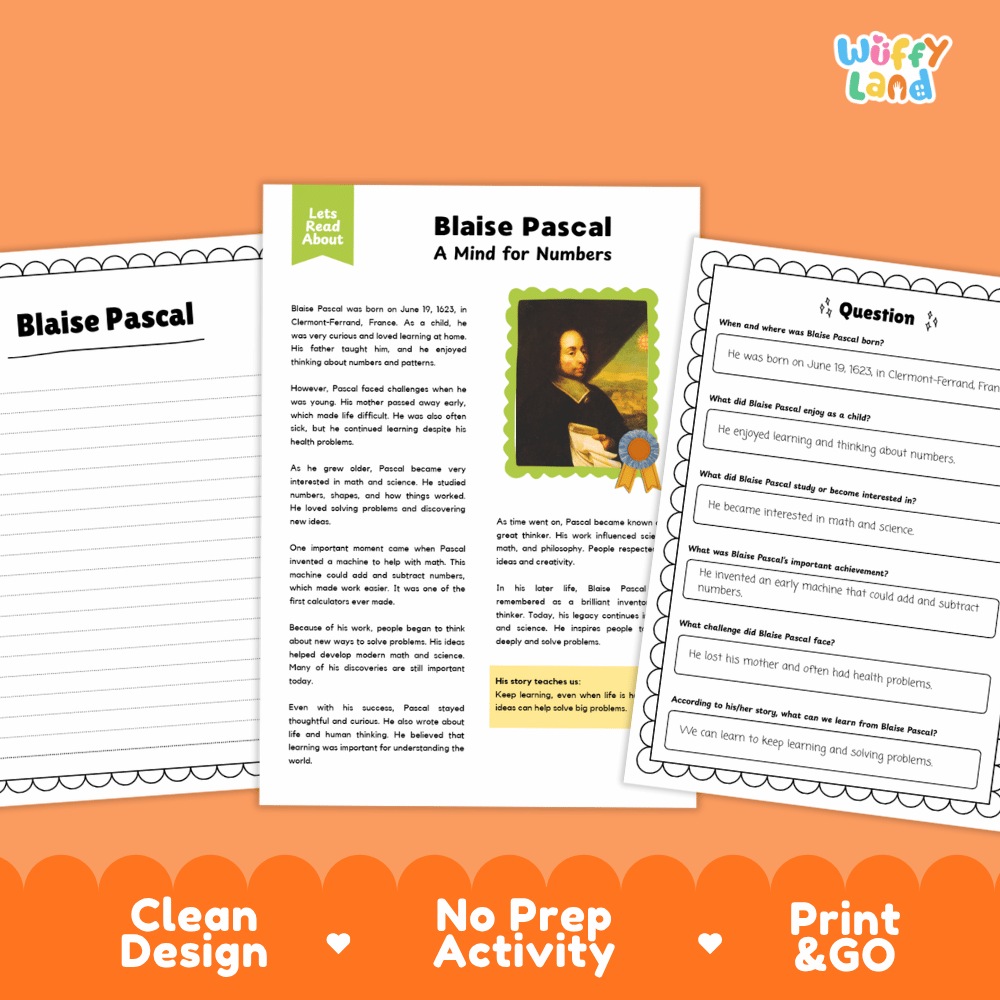 Blaise Pascal Biography Reading Passage and Writing Activity Worksheets