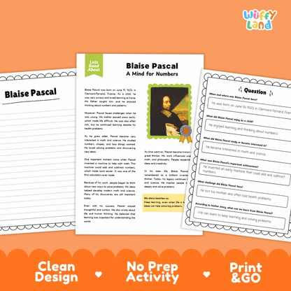 Blaise Pascal Biography Reading Passage and Writing Activity Worksheets