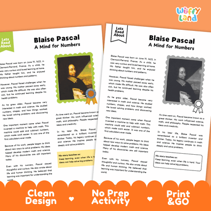 Blaise Pascal Biography Reading Passage and Writing Activity Worksheets