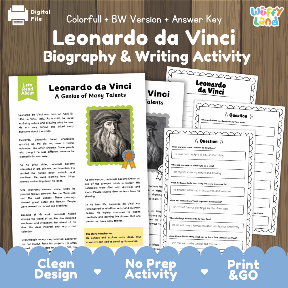 Leonardo da Vinci Biography Reading Passage and Writing Activity Worksheets