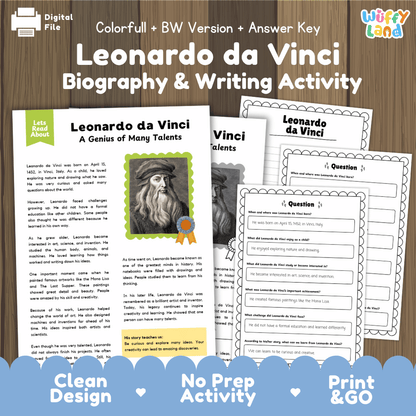 Leonardo da Vinci Biography Reading Passage and Writing Activity Worksheets