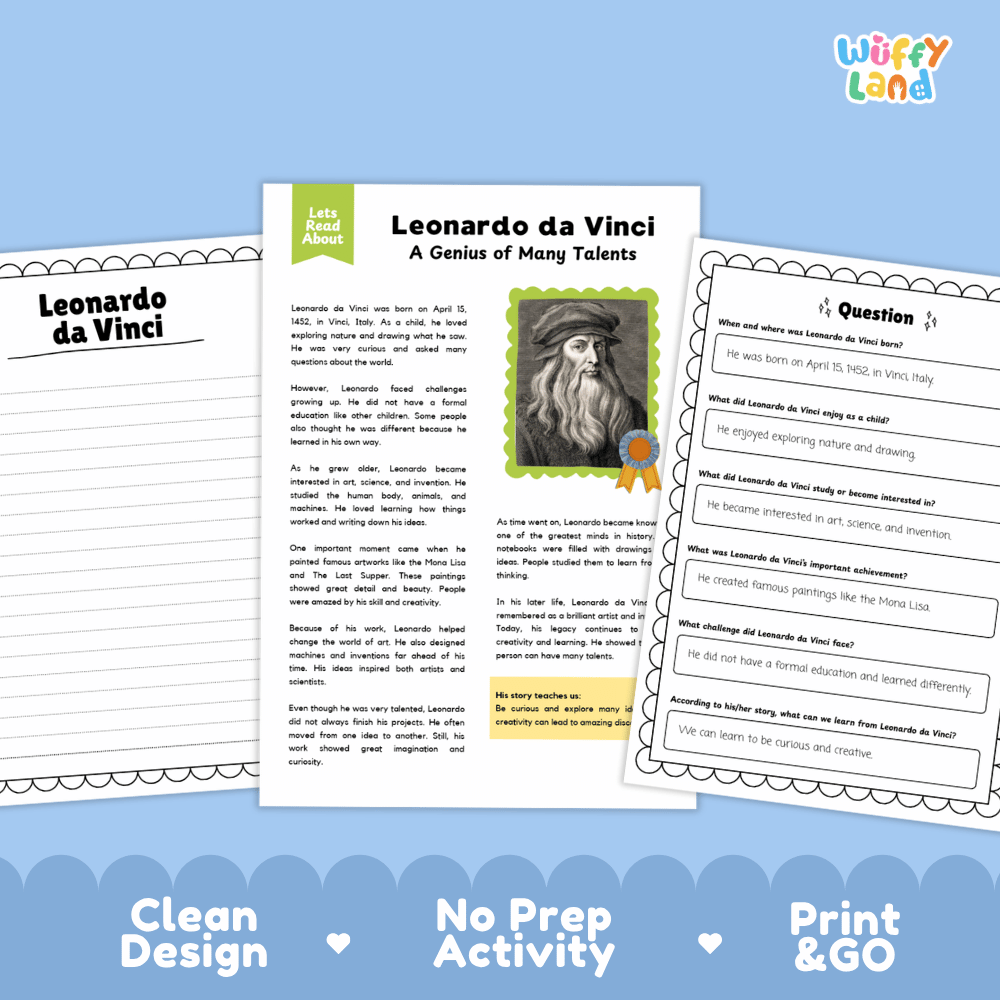 Leonardo da Vinci Biography Reading Passage and Writing Activity Worksheets