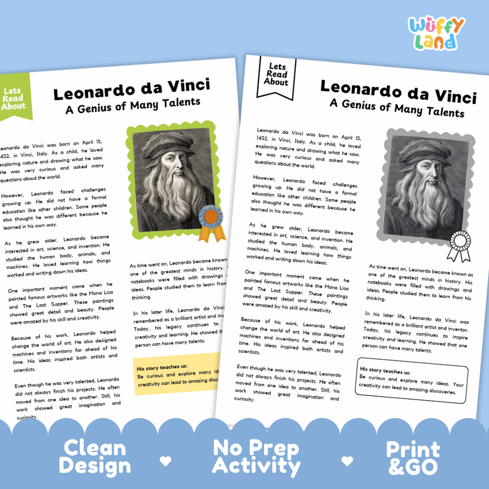 Leonardo da Vinci Biography Reading Passage and Writing Activity Worksheets