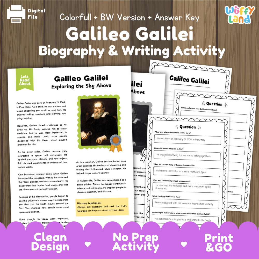 Galileo Galilei Biography & Writing Activity printable worksheet bundle, featuring a colorful cover page, multiple worksheet pages, and an answer key displayed on a wooden background with a 'Digital File' badge.
