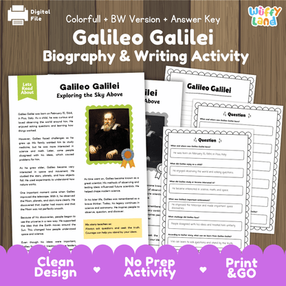 Galileo Galilei Biography & Writing Activity printable worksheet bundle, featuring a colorful cover page, multiple worksheet pages, and an answer key displayed on a wooden background with a 'Digital File' badge.