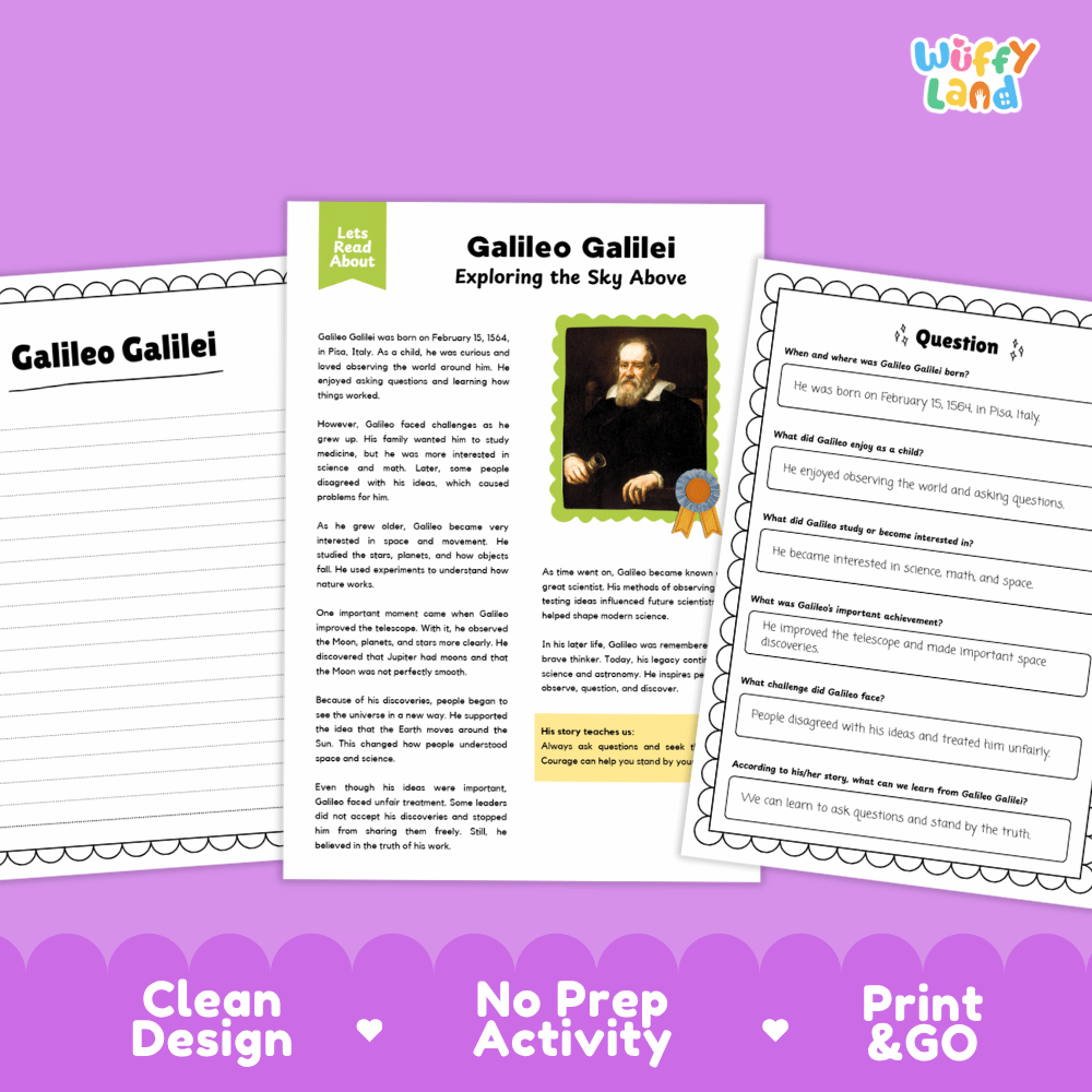 Educational worksheet set about Galileo Galilei, featuring a main text page with a portrait, a question sheet, and a fact sheet, displayed on a purple background with promotional text.