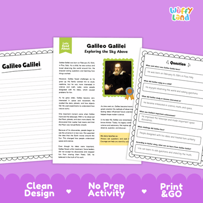 Educational worksheet set about Galileo Galilei, featuring a main text page with a portrait, a question sheet, and a fact sheet, displayed on a purple background with promotional text.