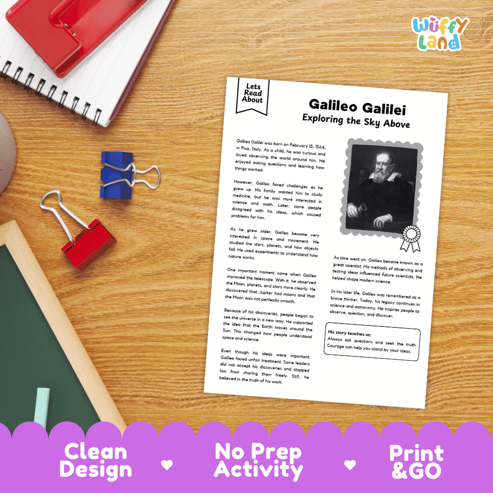 An educational worksheet titled 'Galileo Galilei: Exploring the Sky Above' displayed on a wooden desk with school supplies. The worksheet features a black-and-white portrait of Galileo and text about his life and contributions.