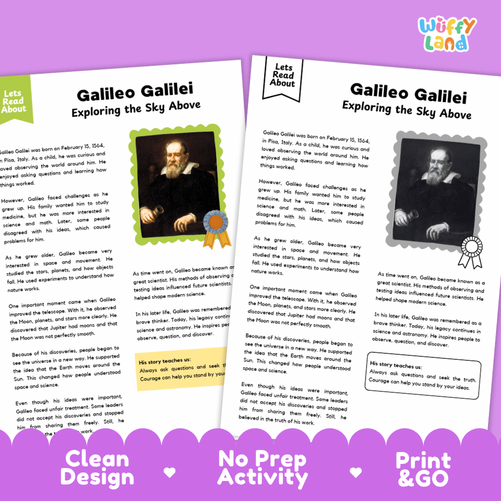 Two educational activity sheets about Galileo Galilei displayed side-by-side on a purple background. The left sheet has a green header and a photo of Galileo looking through a telescope, while the right sheet has a gray header and a black-and-white photo.
