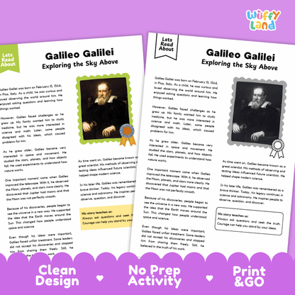 Two educational activity sheets about Galileo Galilei displayed side-by-side on a purple background. The left sheet has a green header and a photo of Galileo looking through a telescope, while the right sheet has a gray header and a black-and-white photo.