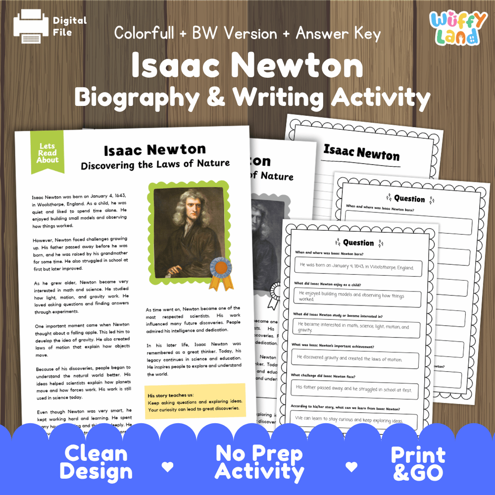 Digital download activity sheet set for 'Isaac Newton Biography & Writing Activity' featuring a colorful cover page, worksheet pages, and a separate answer key, displayed on a dark wood background with promotional text banners at the top and bottom.