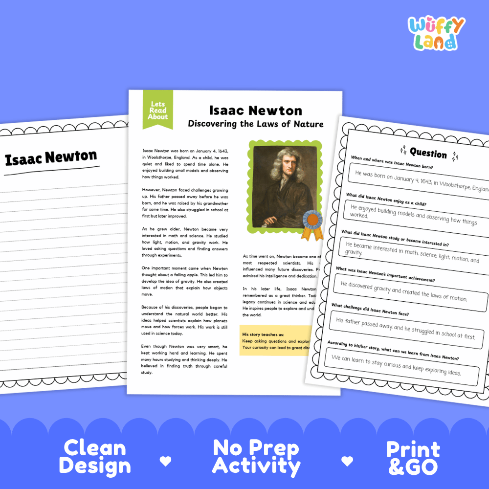Educational worksheet bundle about Isaac Newton, featuring a main 'Let's Talk About' page with a portrait, a left-side text panel, and a right-side question sheet, displayed on a blue background with 'Clean Design', 'No Prep Activity', and 'Print & GO' text.