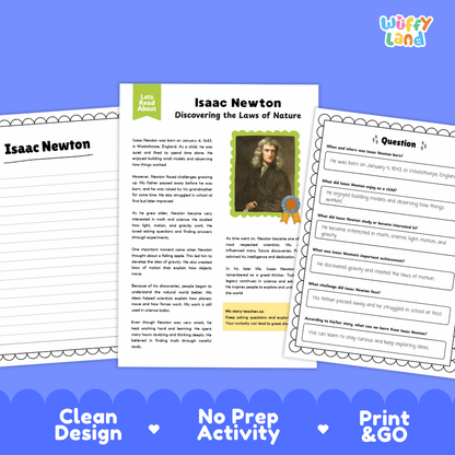 Educational worksheet bundle about Isaac Newton, featuring a main 'Let's Talk About' page with a portrait, a left-side text panel, and a right-side question sheet, displayed on a blue background with 'Clean Design', 'No Prep Activity', and 'Print & GO' text.