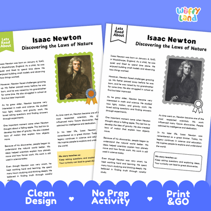 Two educational activity sheets about Isaac Newton from 'Let's Read About' by 'wuffing land', displayed on a blue background with the text 'Clean Design', 'No Prep Activity', and 'Print & Go'.