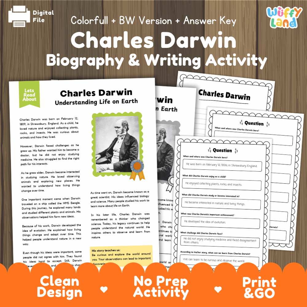 Digital download activity sheet set for Charles Darwin Biography & Writing, showing printed worksheet pages and a question card on a wood background with promotional text at the top and bottom.