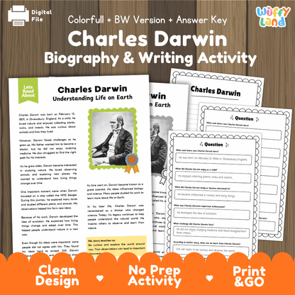 Digital download activity sheet set for Charles Darwin Biography & Writing, showing printed worksheet pages and a question card on a wood background with promotional text at the top and bottom.