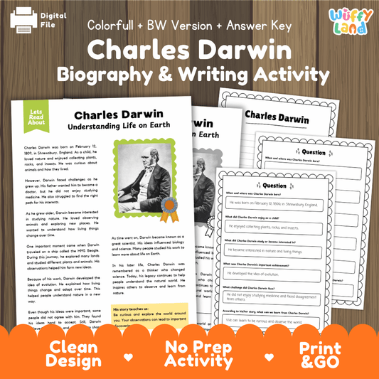 Digital download activity sheet set for Charles Darwin Biography & Writing, showing printed worksheet pages and a question card on a wood background with promotional text at the top and bottom.