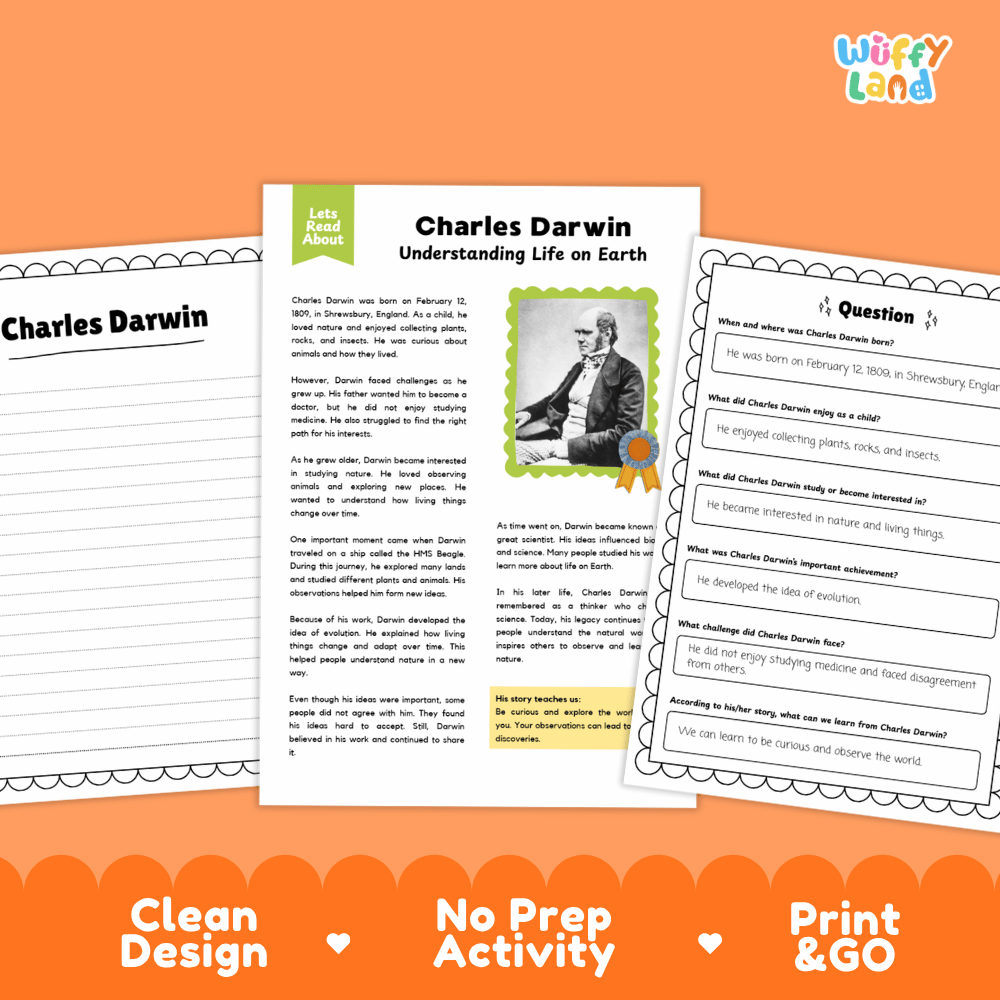 An educational worksheet set about Charles Darwin titled 'Understanding Life on Earth' shown on an orange background. The image includes a main text page, a question sheet, and a 'Let's Talk About' header card, with the brand name 'Wiffly Land' in the top right corner.
