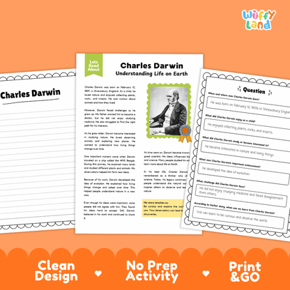 An educational worksheet set about Charles Darwin titled 'Understanding Life on Earth' shown on an orange background. The image includes a main text page, a question sheet, and a 'Let's Talk About' header card, with the brand name 'Wiffly Land' in the top right corner.