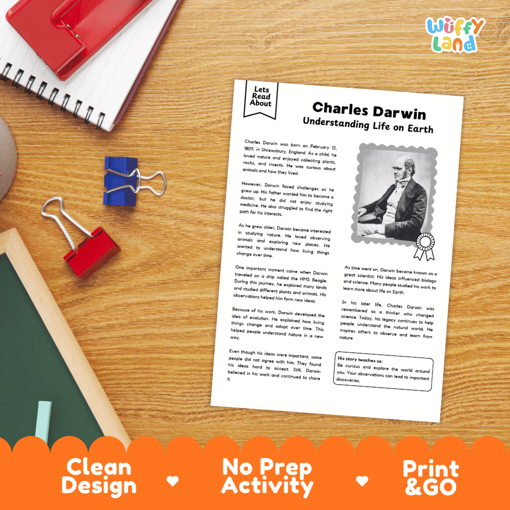 A printed educational worksheet titled 'Charles Darwin: Understanding Life on Earth' laid on a wooden desk, surrounded by school supplies including a spiral notebook, red and blue binder clips, and a pen. An orange banner at the bottom reads 'Clean Design', 'No Prep Activity', and 'Print & GO'.