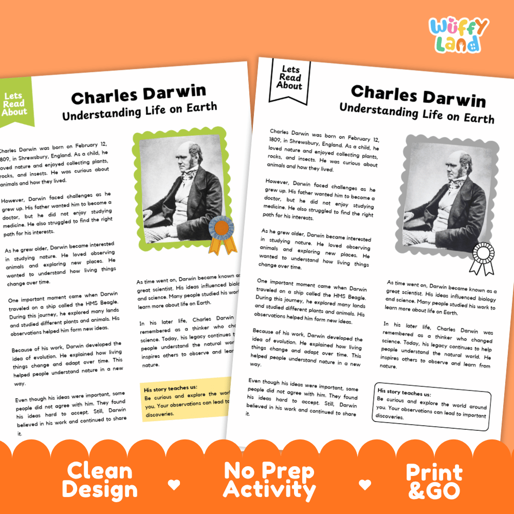 Two educational activity sheets about Charles Darwin titled 'Understanding Life on Earth' shown on an orange background with the text 'Clean Design', 'No Prep Activity', and 'Print & Go'. The sheets include text, photos, and award graphics, with a 'Wiffly Land' logo in the top right.