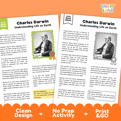 Two educational activity sheets about Charles Darwin titled 'Understanding Life on Earth' shown on an orange background with the text 'Clean Design', 'No Prep Activity', and 'Print & Go'. The sheets include text, photos, and award graphics, with a 'Wiffly Land' logo in the top right.