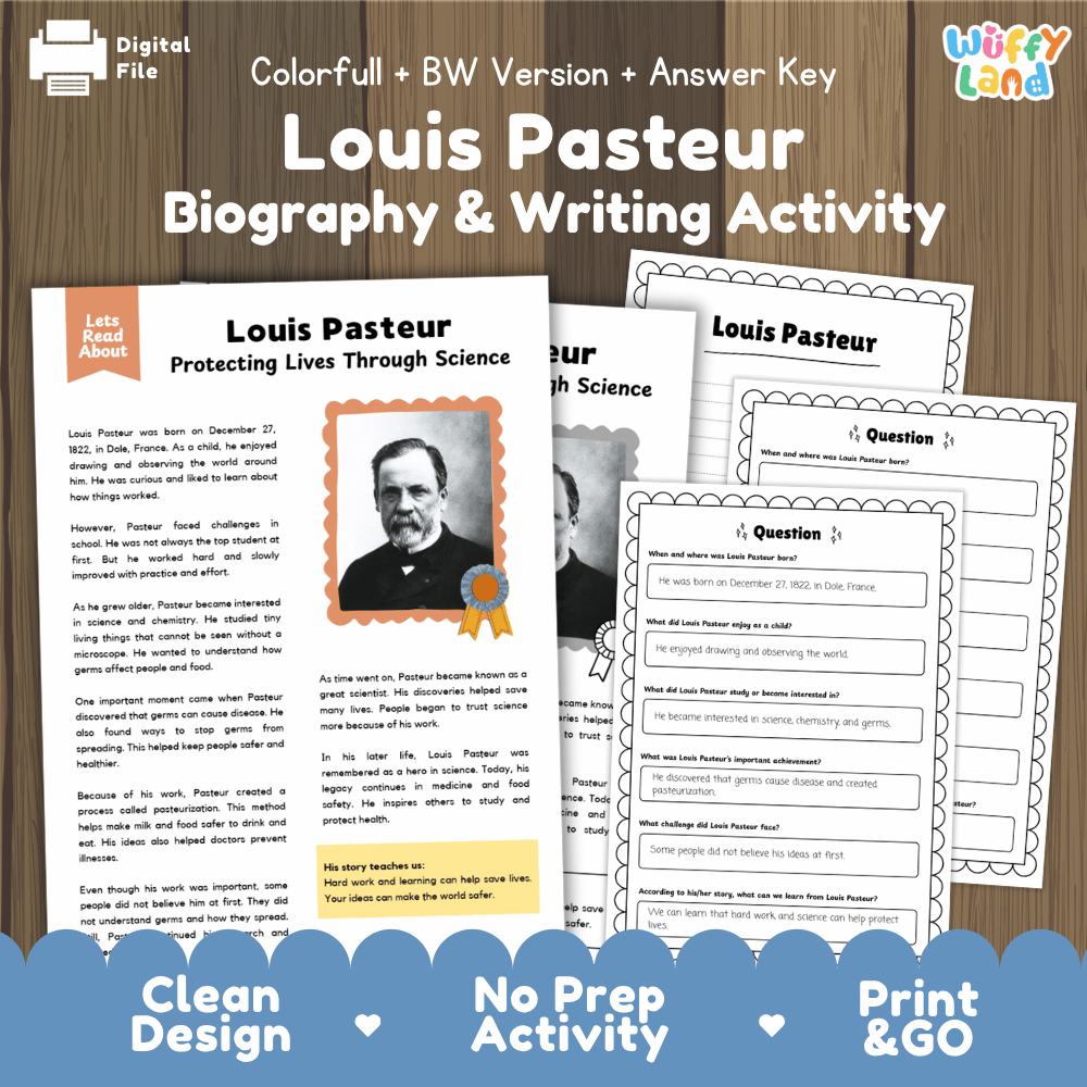 Louis Pasteur Biography Reading Passage and Writing Activity Worksheets