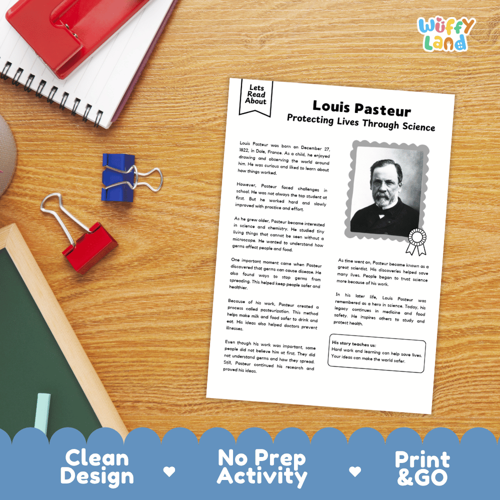 A printed educational activity sheet titled 'Louis Pasteur Protecting Lives Through Science' laid on a wooden desk with school supplies around it, including a spiral notebook, red and blue binder clips, and a chalkboard. The sheet includes a photo of Louis Pasteur and text about his scientific work.
