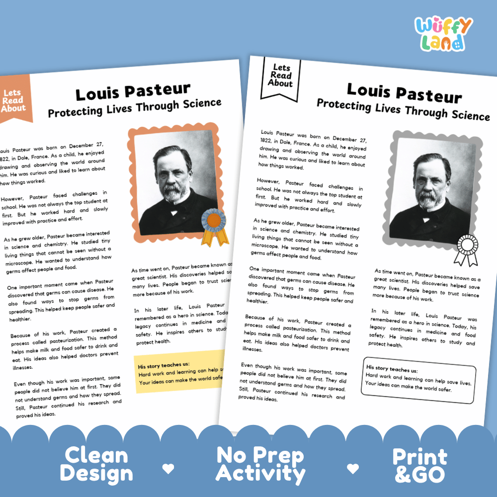 Two educational activity sheets titled 'Louis Pasteur Protecting Lives Through Science' from the 'Wuffy Land' series, displayed on a blue background with text highlighting 'Clean Design', 'No Prep Activity', and 'Print & GO'.