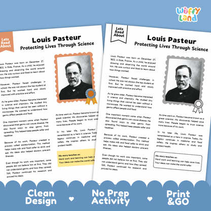 Two educational activity sheets titled 'Louis Pasteur Protecting Lives Through Science' from the 'Wuffy Land' series, displayed on a blue background with text highlighting 'Clean Design', 'No Prep Activity', and 'Print & GO'.