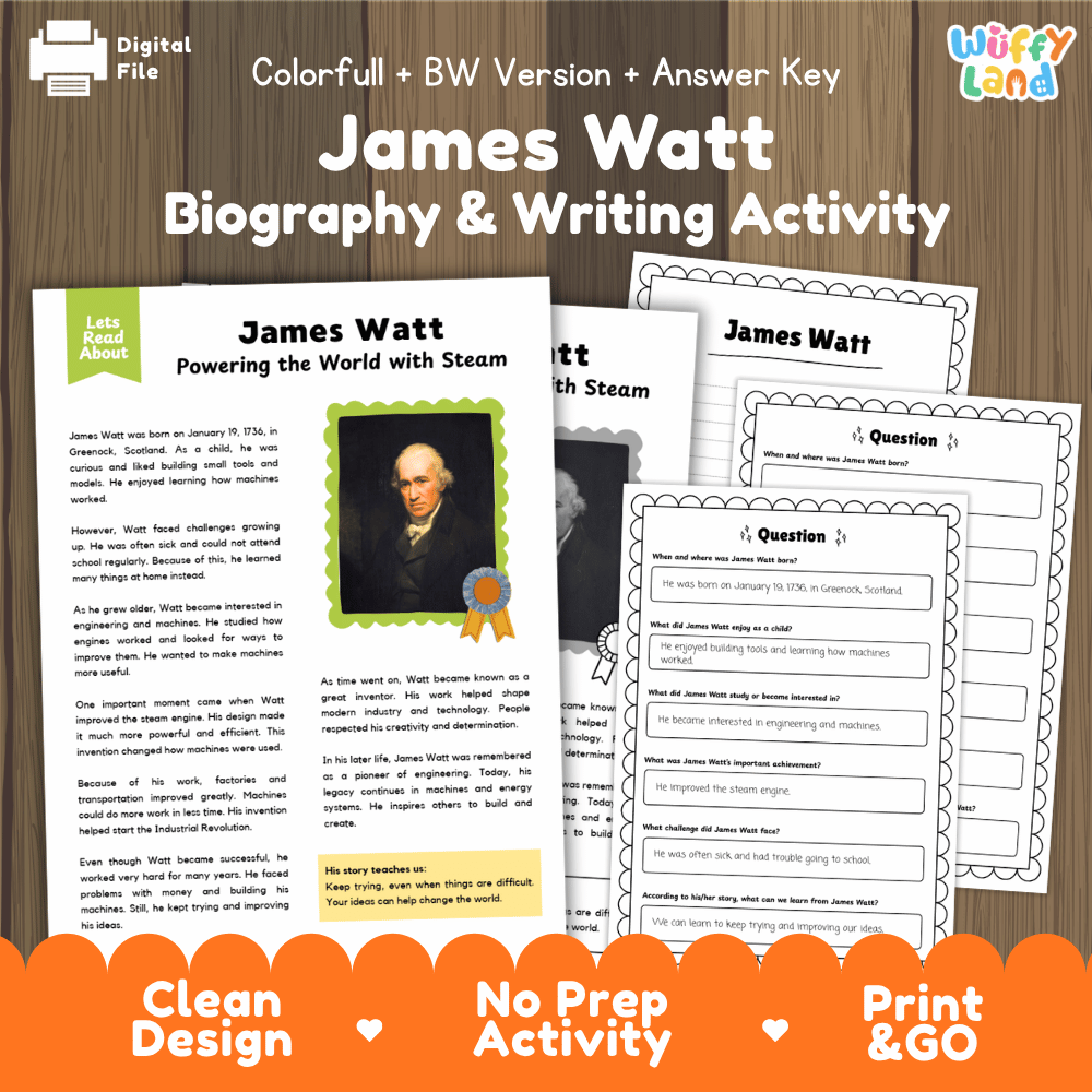 Digital activity sheet set for 'James Watt Biography & Writing Activity' by Uffy Land, featuring a colorful cover page with a portrait of James Watt and several worksheet pages displayed on a wood background.