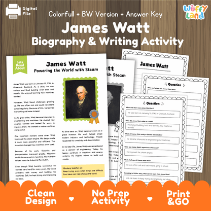 Digital activity sheet set for 'James Watt Biography & Writing Activity' by Uffy Land, featuring a colorful cover page with a portrait of James Watt and several worksheet pages displayed on a wood background.