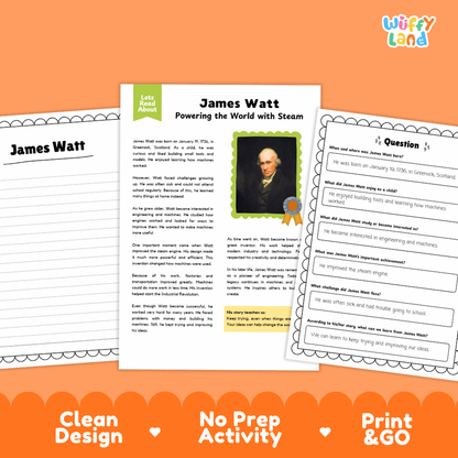 Educational worksheet set about James Watt featuring a main text page, a partial side page, and a question sheet, displayed on an orange background with the brand name 'Wiffly Land' in the top right.