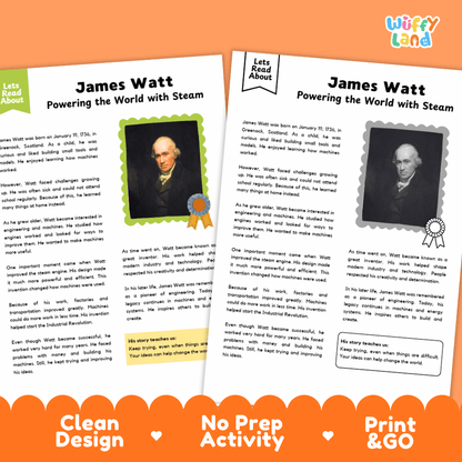 Two printable activity sheets about James Watt titled 'Powering the World with Steam' from Wiffle Land, shown on a white background with colorful promotional text along the bottom.