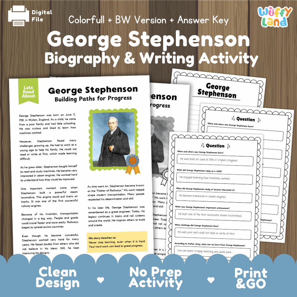 Digital printable activity sheet set for George Stephenson Biography & Writing, shown on a wood background with preview pages, title card, and branding. The product appears to be a printable educational worksheet bundle rather than a physical object in a real scene.