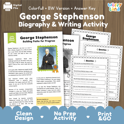 Digital printable activity sheet set for George Stephenson Biography & Writing, shown on a wood background with preview pages, title card, and branding. The product appears to be a printable educational worksheet bundle rather than a physical object in a real scene.