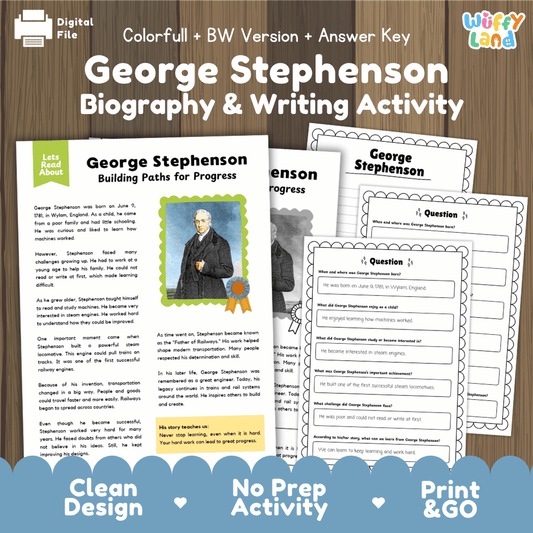Digital printable activity sheet set for George Stephenson Biography & Writing, shown on a wood background with preview pages, title card, and branding. The product appears to be a printable educational worksheet bundle rather than a physical object in a real scene.