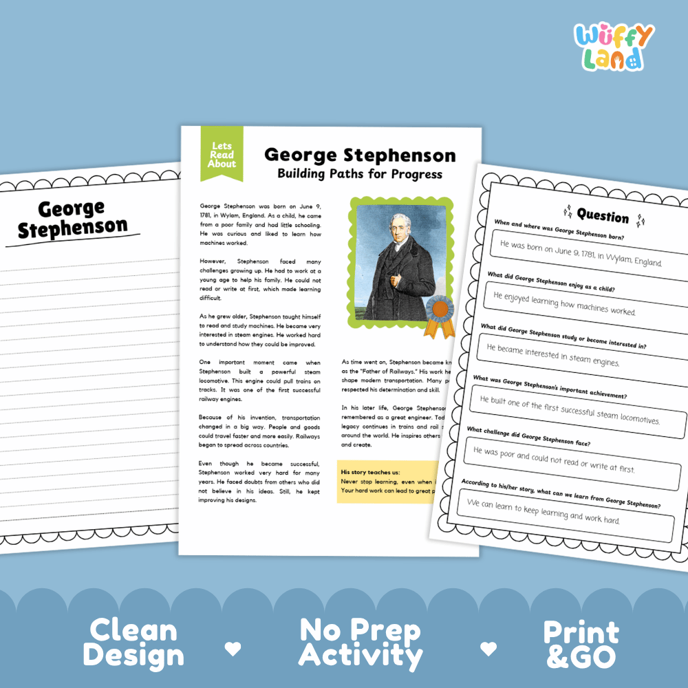 Three educational worksheet pages about George Stephenson are displayed on a light blue background with promotional text reading 'Clean Design', 'No Prep Activity', and 'Print & GO'. The center page is titled 'George Stephenson Building Paths for Progress' and includes a small portrait photo of George Stephenson.