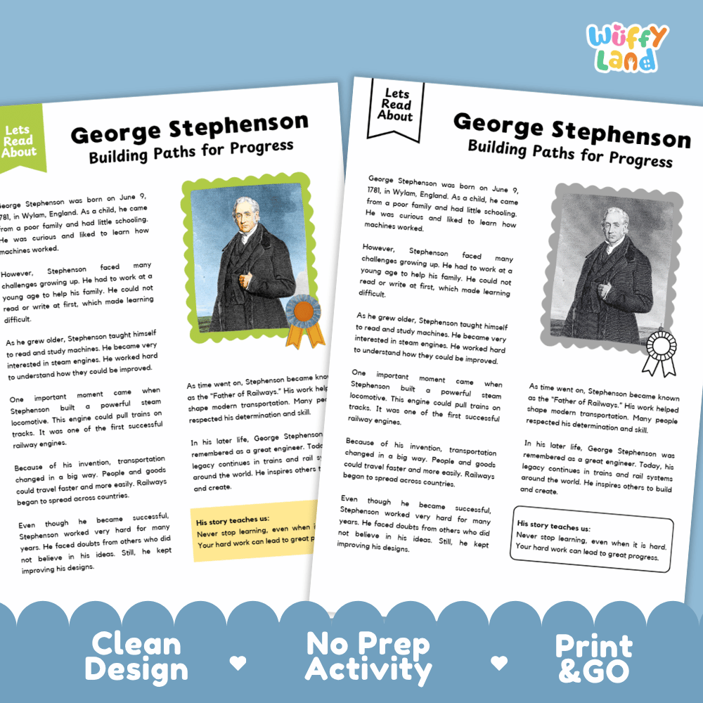Two educational activity sheets for George Stephenson titled 'Building Paths for Progress' from the brand 'Wuffly Land'. The sheets feature a clean white background with black text, a small color photo of George Stephenson, and decorative gray and gold ribbon graphics.