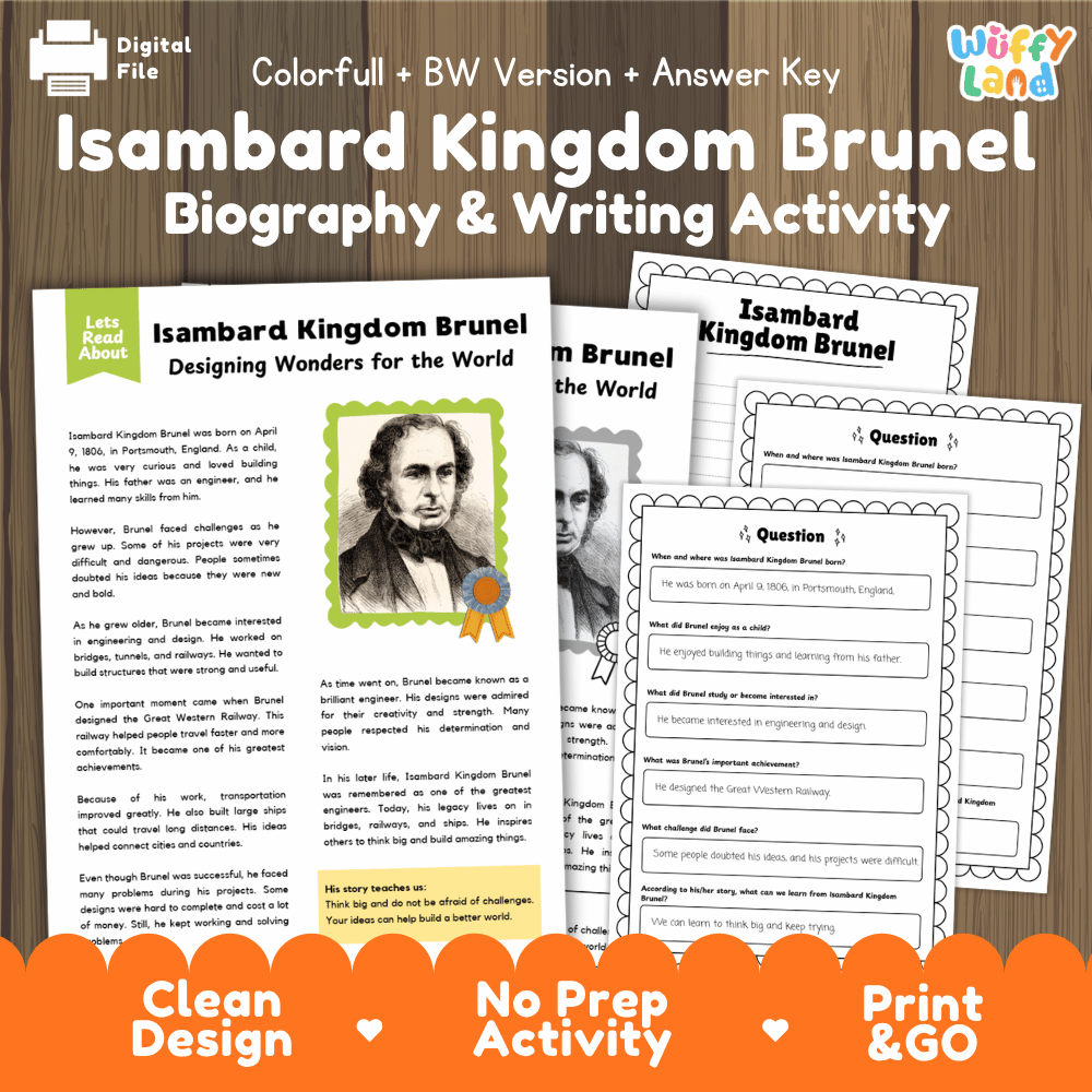 Digital activity worksheet bundle for 'Isambard Kingdom Brunel Biography & Writing Activity' featuring printable pages, a black-and-white version, and an answer key. The graphic displays the worksheets on a dark wood background with a bright orange banner at the bottom.